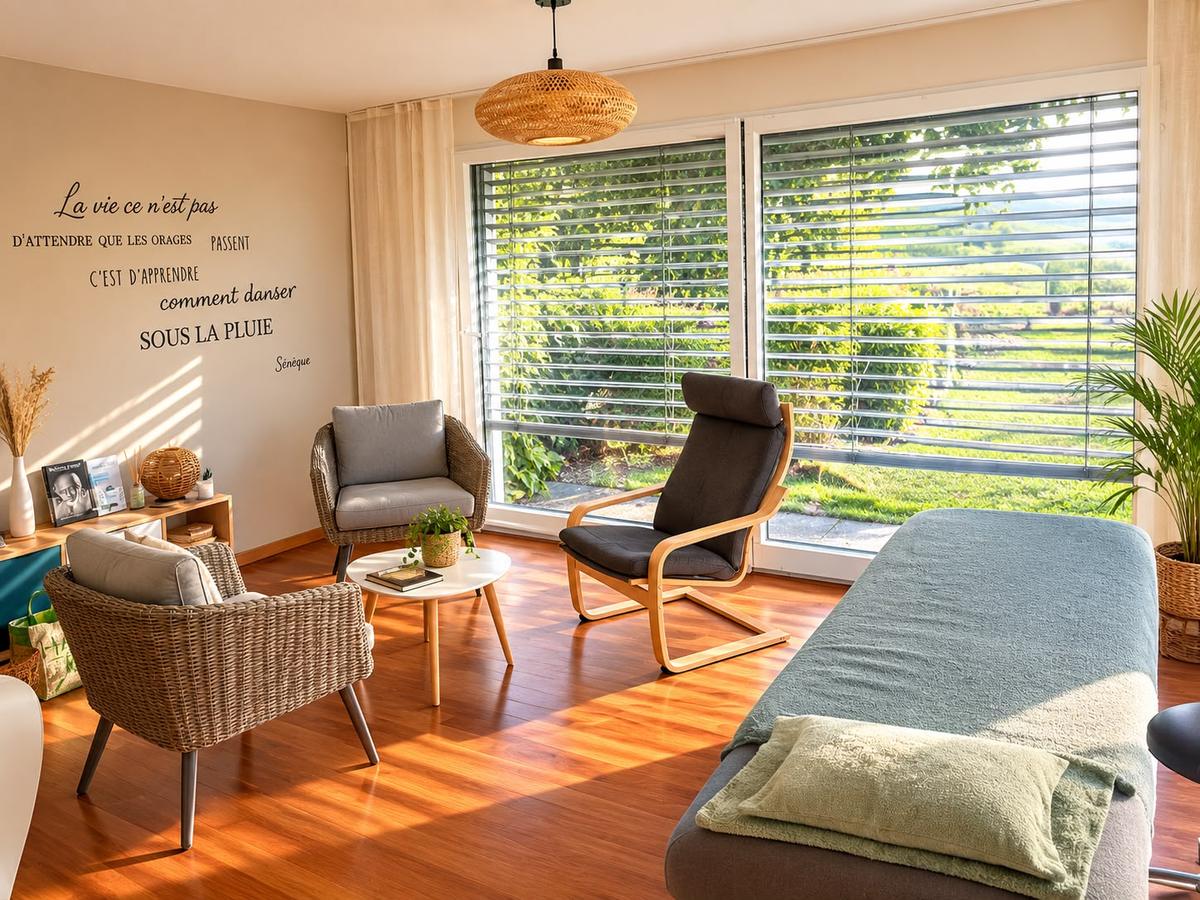 Le salon du cabinet Kinéa : fauteuils, table de soin et grande baie vitrée ouverte sur la verdure